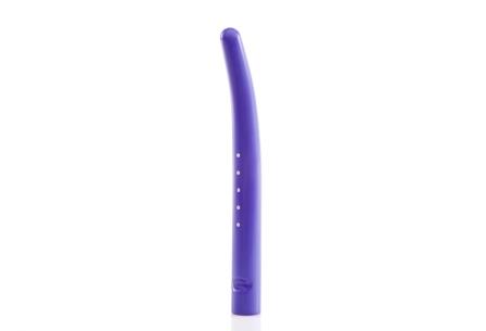 Purple squiggle-shaped plastic object with small holes on one side and a rounded tip, part of the Soul Source Gender Reassignment Surgery dilators.
